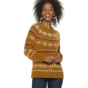 sonoma | fair isle mustard red metallic christmas holiday sweater l